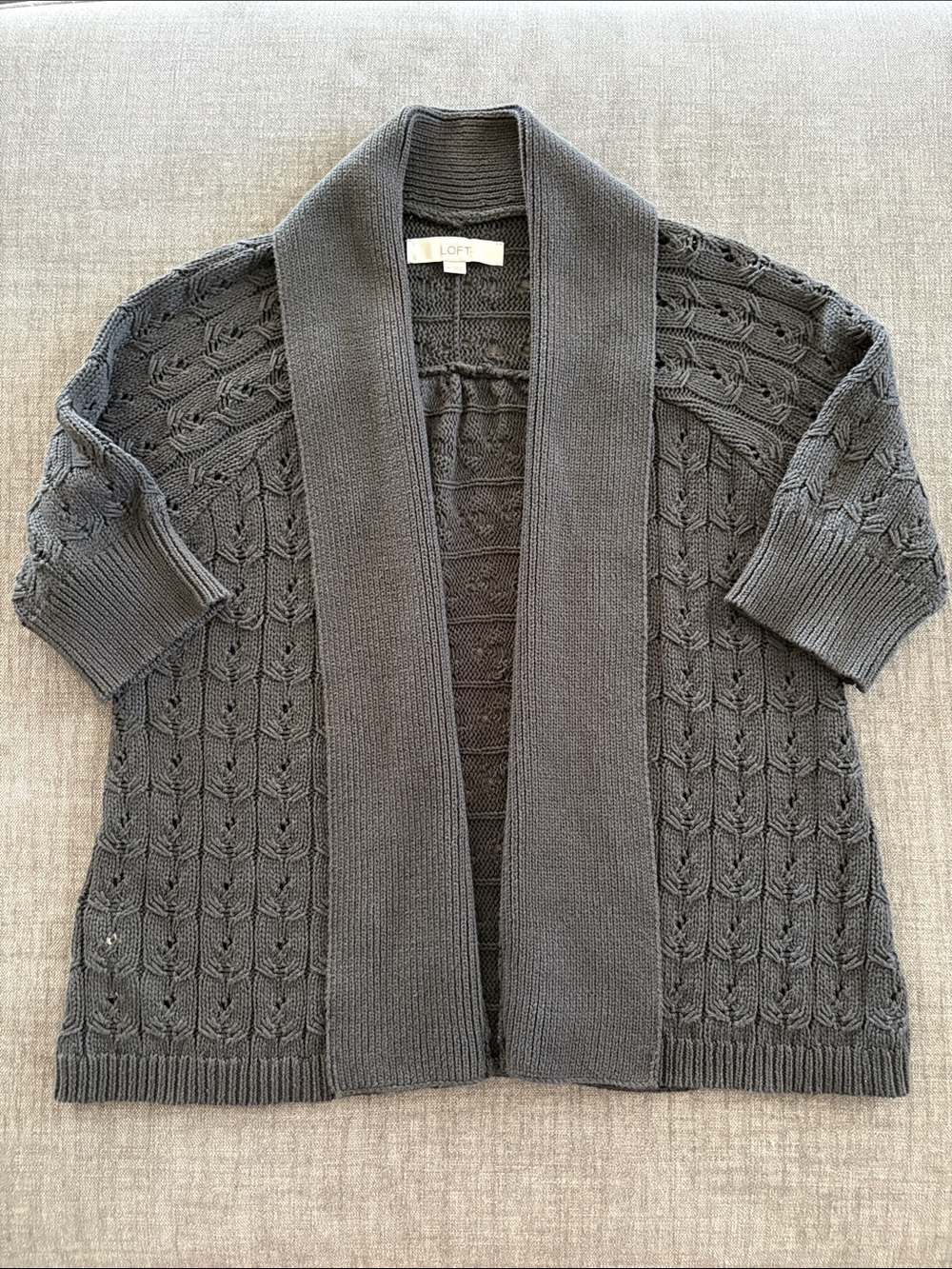 LOFT Grey Chunky Knit Short Sleeve Cardigan Sweater w Shawl Collar - M